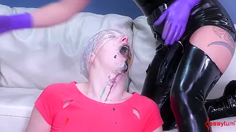 Submissive babe riding strapon cock