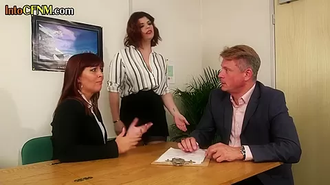 CFNM office 3some BJ and HJ by business femdom MILFS