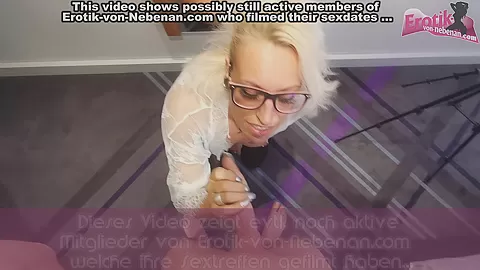 German skinny blonde secretary make POV blowjob at mirror