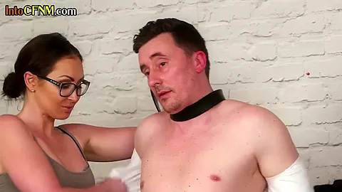 Strict british femdoms sucking submissive bf in group