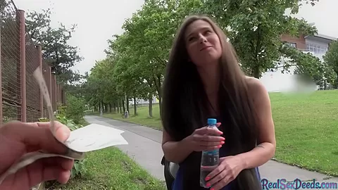 Brunette eurobabe rides dick in public duo for cash