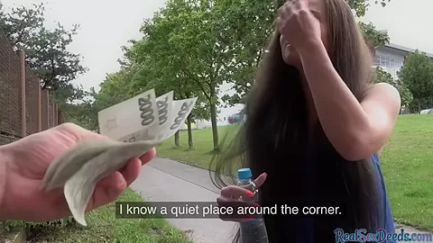 Brunette eurobabe rides dick in public duo for cash