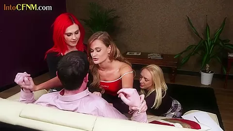 Busty british cfnm dommes wank subject in this kinky group