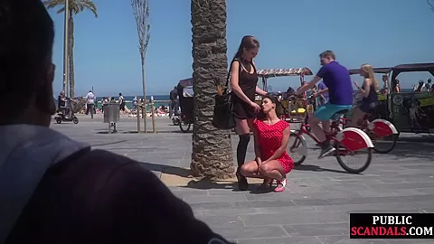 Submissive babe exposed outdoor in public by domina