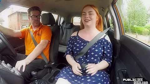 Curvy ginger publicly riding british driving teacher in car