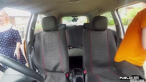 Curvy ginger publicly riding british driving teacher in car