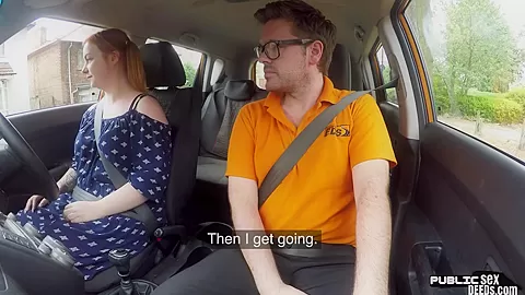Curvy ginger publicly riding british driving teacher in car