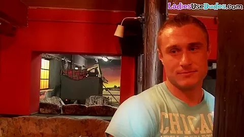 Euro dominas toying submissive boyfriend butt in threeway