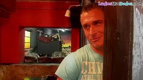 Euro dominas toying submissive boyfriend butt in threeway