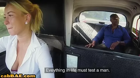 Euro cabbie riding in interracial couple on the backseat