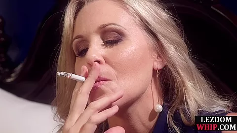 Busty lezdom milf smokes and fingers sub before facesitting
