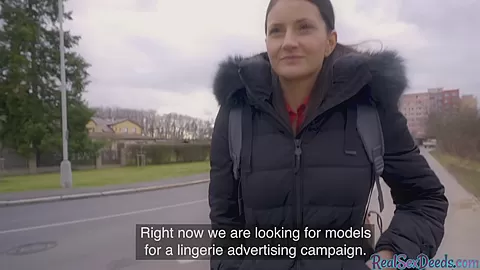 Lonely brunette shows tits before pickup and has public sex