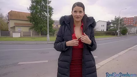 Lonely brunette shows tits before pickup and has public sex