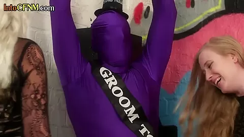 CFNM mistresses humiliating and tugging bound subs dick