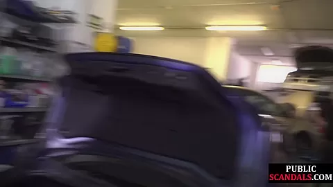 Busty public slut rimming and sucking mechanic cock
