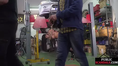 Busty public slut rimming and sucking mechanic cock