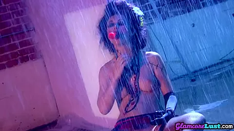 Glamcore cosplayer dildo fucking solo pussy under shower