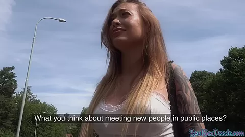 Busty european brunette gives head and gets fucked in public