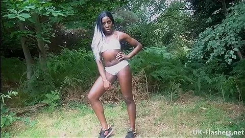 Ebony flashing and outdoor masturbation of busty black babe Bunny having exhibitionist fun outside