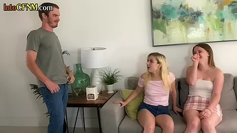 CFNM college chicks blowing hung roommate during threesome