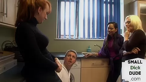 CFNM MILFs teasing repairmans tiny dick before handjob