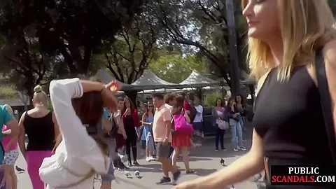 Brunette gets a public group fuck after giving head