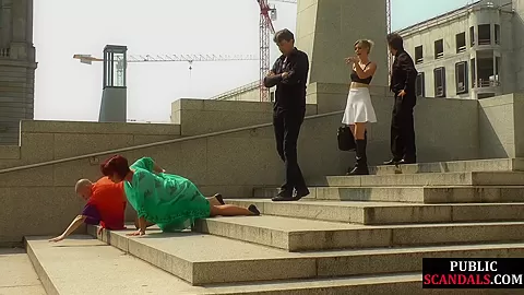 Public slut getting humiliated before bdsm gangbang