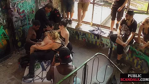 Public slut getting humiliated before bdsm gangbang