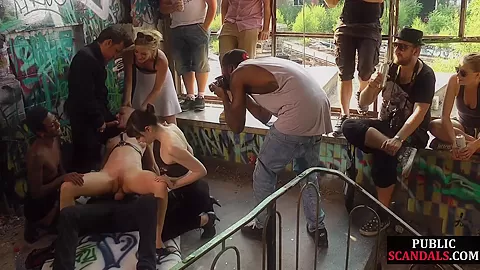 Public slut getting humiliated before bdsm gangbang