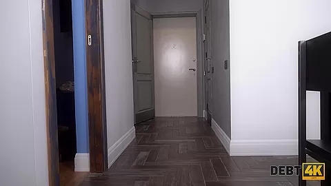 DEBT4k. Long-haired blonde brings the debt collector home for copulation
