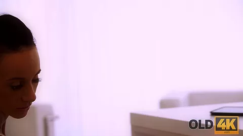 OLD4K. Dazzling brunette with ease seduces old boss in the office