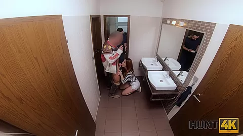 HUNT4K. Belle with red hair fucked by stranger in toilet in front of BF