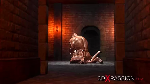 A sexy blonde gets fucked rough by a big monster in the dungeon