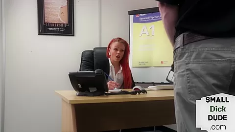 Redhead femdom humiliates tiny dick guy at interview