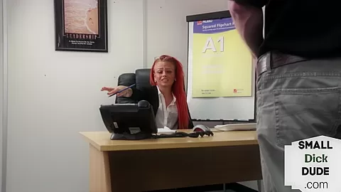 Redhead femdom humiliates tiny dick guy at interview