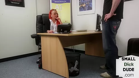 Redhead femdom humiliates tiny dick guy at interview