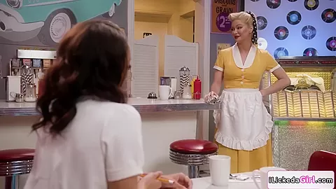 Ebony lesbian customer ass licking big tits cafe attendant