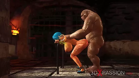 Big monster bangs a cuffed fantasy girl elf in the dungeon