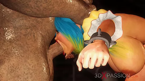 Big monster bangs a cuffed fantasy girl elf in the dungeon
