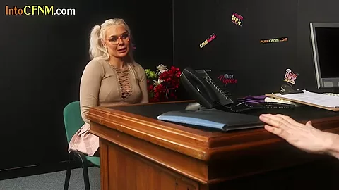 Nerdy CFNM blonde blowing cock at the job talk