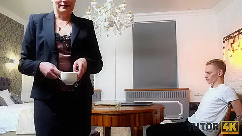 TUTOR4K. Teacher in stockings is penetrated very fast by student 18+ at home