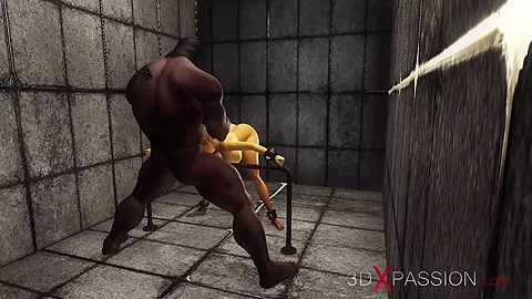 Cuffed sexy blonde with many boobs gets fucked rough by a huge black cock in the prison