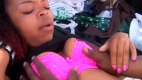 Ebony couple fucking outdoors at back of the truck