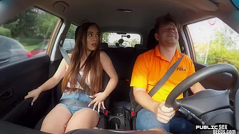 Public spanish babe riding driving instructor