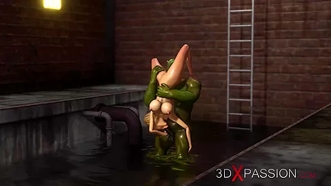Big monster plays with a hot sexy girl in the sewer