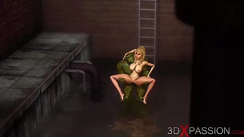 Big monster plays with a hot sexy girl in the sewer
