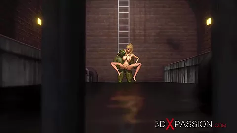 Big monster plays with a hot sexy girl in the sewer