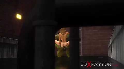 Big monster plays with a hot sexy girl in the sewer