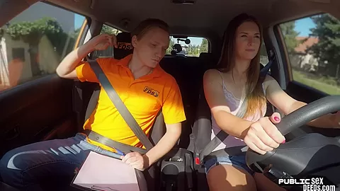 Public euro pussylicked in car during lesson
