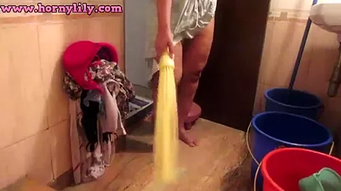 Indian Wife In Bathroom Washing Clothes Taking Shower And Masturbating